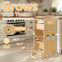 FLYBIRD Montessori Toddler Tower 4-In-1 Multifunctional Kitchen Stool Helper With Removable Safety Board, Adjustable Heights, Slide, Highchair, Chalkboard - 杏色 - 查看 7