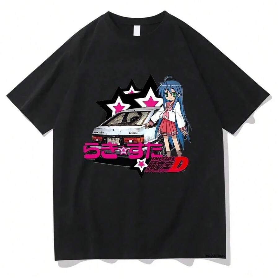 Camiseta de anime Lucky Star Konata, camiseta de coche retro estética para mujeres, camiseta unisex de manga impresa extra grande - Negro - Ver 1
