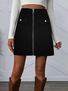Chân váy chữ A màu trơn, kiểu dáng thanh lịch, có khóa kéo và cúc cài, túi giả, phù hợp cho công sở, hẹn hò buổi tối. - màu đen - Xem 5