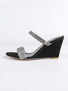 Women's Fashion Wedge Strap Slide Sandals, Versatile Rhinestone High Heel Dress Sandals, Elegant - Black - View 6