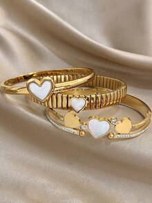 18K Gold Plated Stainless Steel Heart-Shaped Bracelet Set, Elegant Jewelry For Women, Suitable For Valentine's Day, Party, Formal Occasion, Daily Wear, Date, New Year, Wedding, Beach, Christmas, Anniversary, Also A Graceful Gift For Mom, Bohemian Style Jewelry, Bridesmaid Gift - Multicolor - View 6