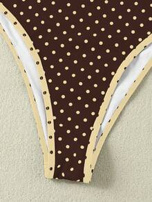 2026春夏新款女士法式棕黄波点蕾丝边无肩带性感收腰连体泳衣，度假沙滩装 - 彩色 - 查看 6