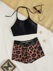 女士性感吊带两件套背心上衣和条纹弹力腰带泳裤沙滩泳装套装，夏季 - 彩色 - 查看 5