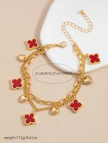 1pc Flower & Double-Layer Heart Pendant Anklet, Fashion Beach Style, Summer Holiday Gift For Women - Red - View 5