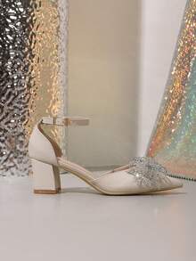 Spring New Fashion Women's Pointed Toe Wedding High Heels, Hollow Out Thick Heel Rhinestone Bow Casual Comfortable Shoes - Apricot - View 5