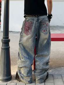 Hearty Haven 1件装复古男士街头时尚拼接刺绣阔腿裤，宽松休闲舒适做旧雪洗牛仔裤，四季皆宜（不含腰带和配饰） - 藍色 - 查看 4
