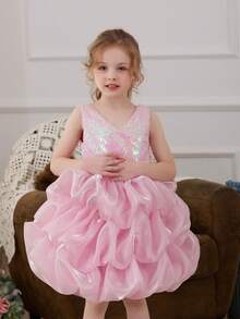 Young Girl Pink Sequin Black Mesh Valentine's Day Party Dress, Elegant Princess Dress Suitable For Girls Birthday Party, Flower Girl Wedding, Prom, Easter, Graduation - Pink - View 7