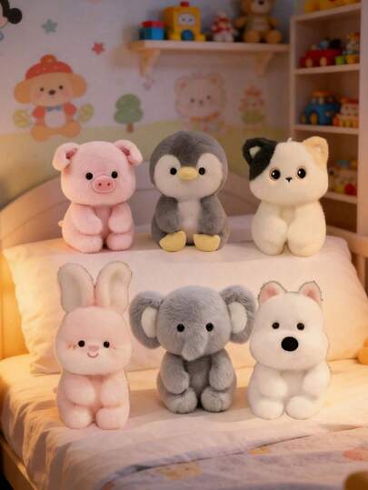 这款可爱的毛绒玩具套装包含大象、企鹅、小猫、高地牛、兔子和小猪，适合各种活动和派对装饰。它既是可爱的玩具，也是精美的家居装饰品，是独立日、生日、母亲节和婚礼的理想礼物。