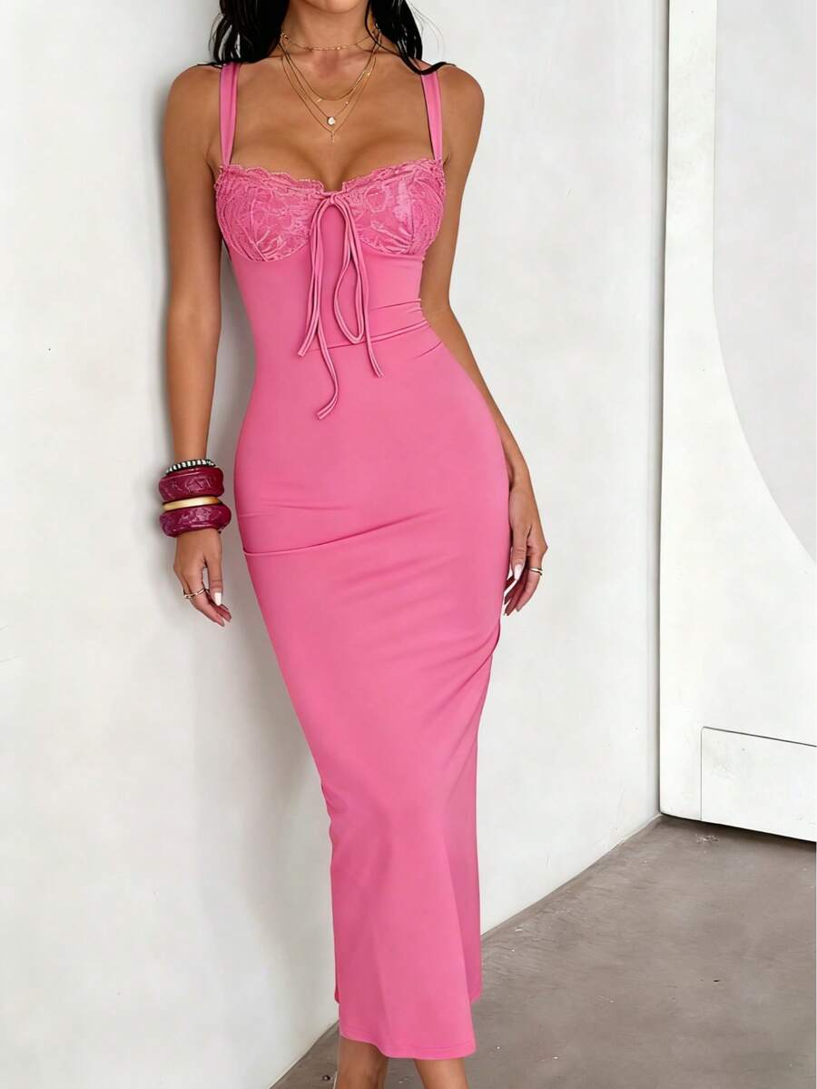 Onicee 夏季连衣裙，红色蕾丝拼接开衩吊带优雅连衣裙，适合情人节、约会、聚会、派对、旅行、度假、海滩等场合。 - 玫紅色 - 查看 1