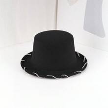 Womens Felt Fedora Hat Rhinestone Wave Design Stylish Wide Brim Flat Top Jazz Cap - Black - View 1