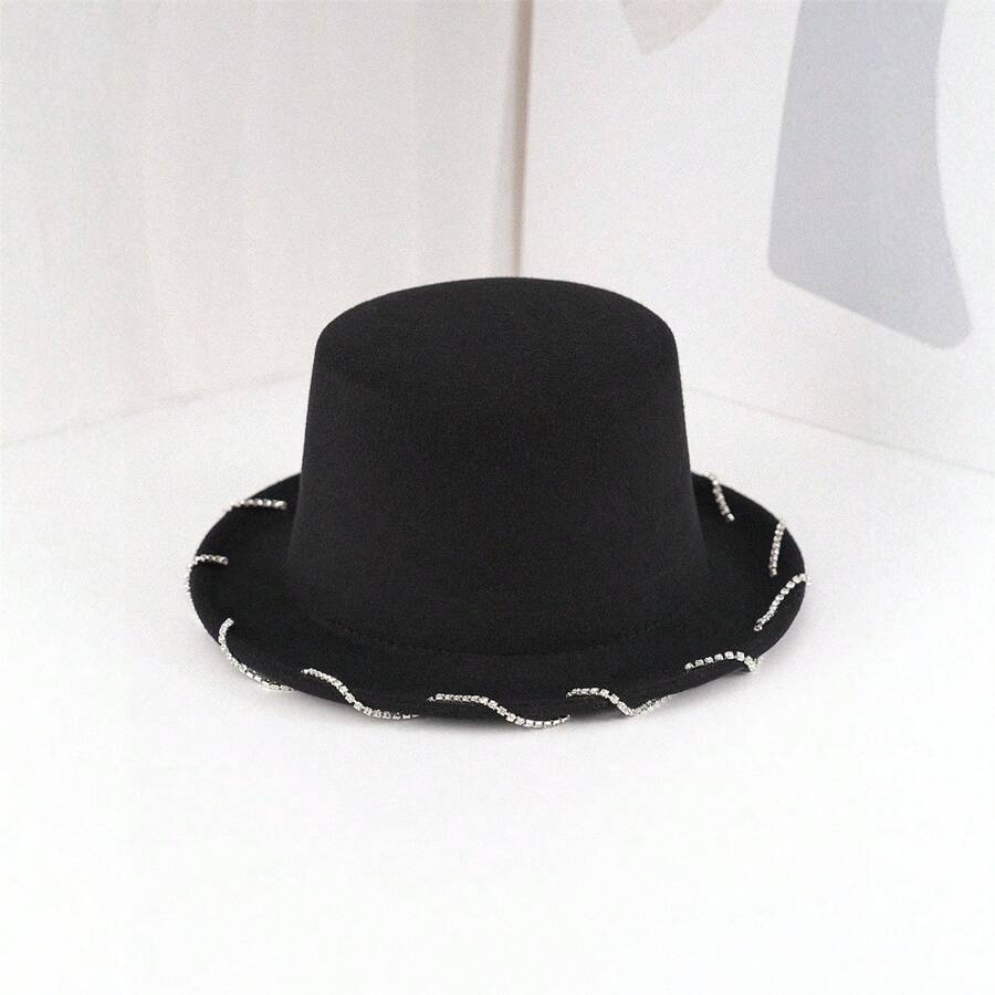 Womens Felt Fedora Hat Rhinestone Wave Design Stylish Wide Brim Flat Top Jazz Cap - Black - View 1