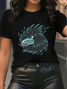 Damska koszulka z krótkim rękawem i okrągłym dekoltem, luźny krój, luźny t-shirt z nadrukiem w kształcie kruka, letnia, uliczna, podstawowa bluzka na co dzień, na imprezę i wakacje - Czarne - Zobacz 6