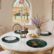 2/4/6/8pcs Round, Flower, Rectangular Ramadan Linen Placemats, 3pcs Copper-Tone Lantern, Star, Water Pattern Tabletop Decor, Arabic Festival Dining Table Decor, Tablecloth, Placemats, Coasters For Home Party, Kitchen - Multicolor - View 7