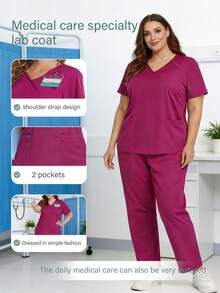 cimmuovere V-Neck Crossover Dual Pocket Short Sleeve Nurse Uniform Pants With Elastic Waist, Casual Commuting Outfit