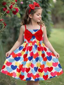 Young Girls' Valentine's Day Cute Bow & Heart Print Camisole Dress - Multicolor - View 1