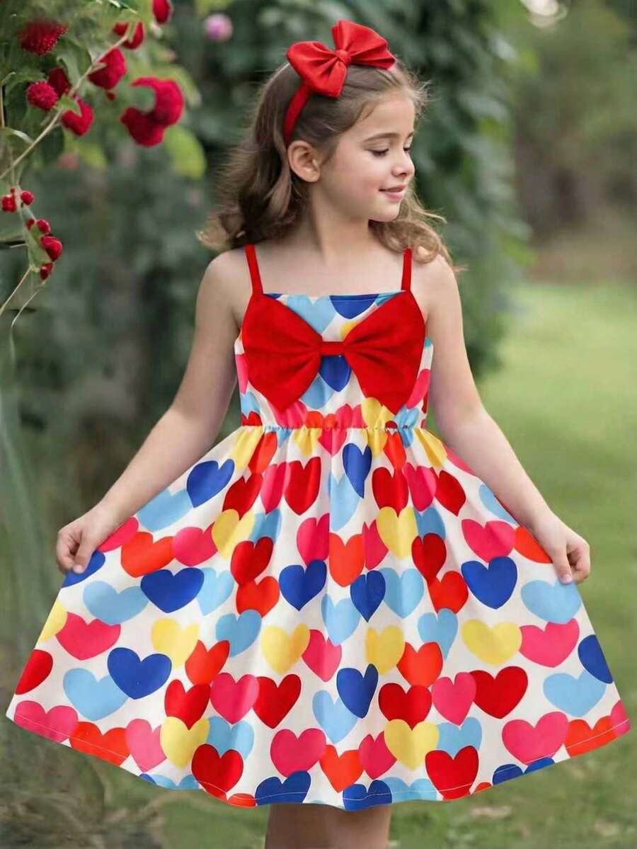Young Girls' Valentine's Day Cute Bow & Heart Print Camisole Dress - Multicolor - View 1