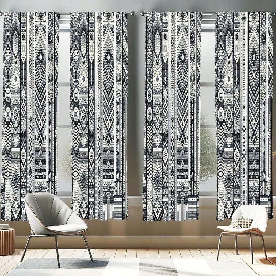 Southwestern Window Curtains Pack Of 2, Monochrome Look Geometric Stripes Abstract Motifs, Lightweight Set With Rod Pocket, 4 Panels Of - 28\ X 84\, Dark Blue Grey And White - 深藍灰白 - 查看 1