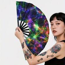 1pc 13-Inch Glow-In-The-Dark Neon Grid Folding Fan - Music Festival, Tech Party, Cyberpunk Costume, Dance Performance, Futuristic Role-Play, Stage Event, High-End Party Prop And Cool Summer Gift