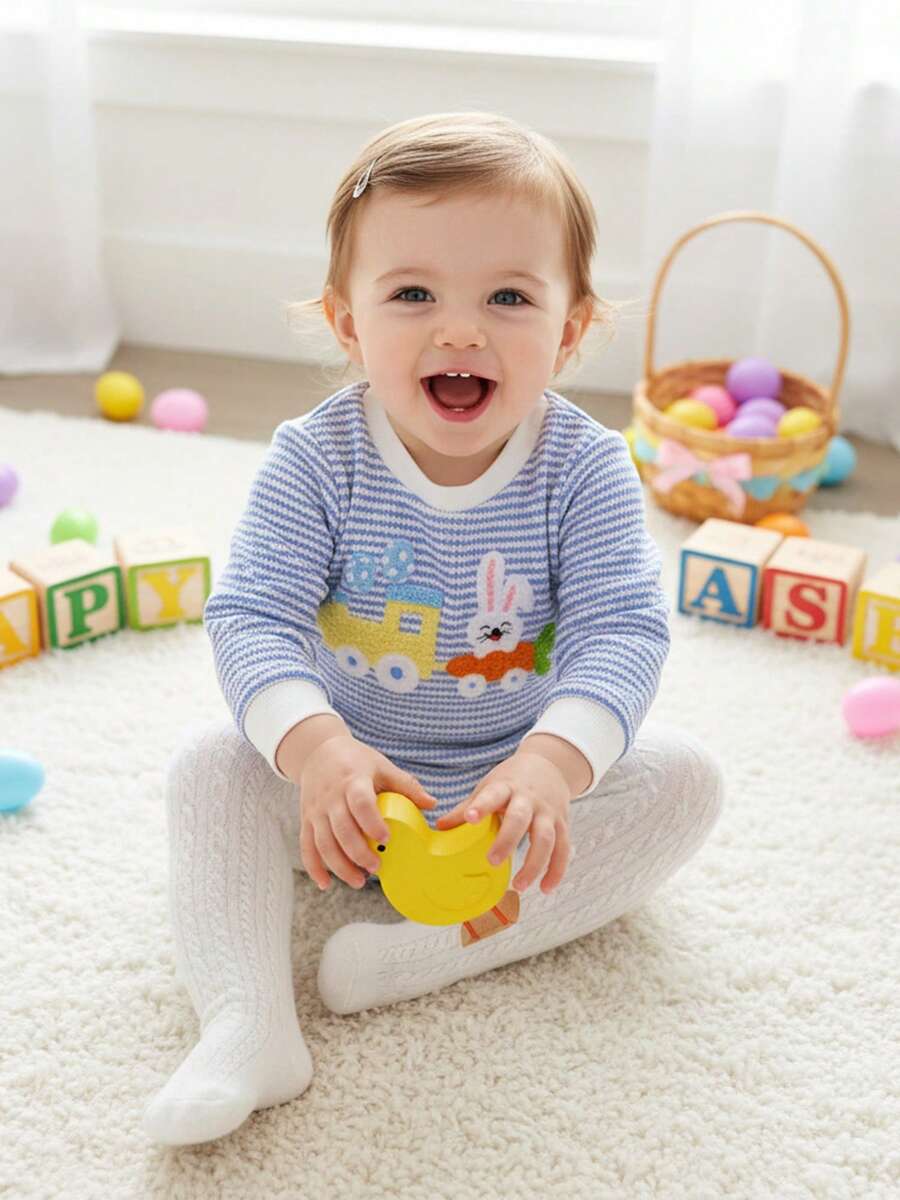 Mono de Pascua para bebé niño y niña, con cola a rayas, conejito de zanahoria bordado, mono de manga larga, ropa informal de primavera - Azul - Ver 1