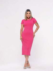 Vestido Feminino Canelado Midi Fenda lateral Casual e Elegante Manga Curta - Pink - Visão 5