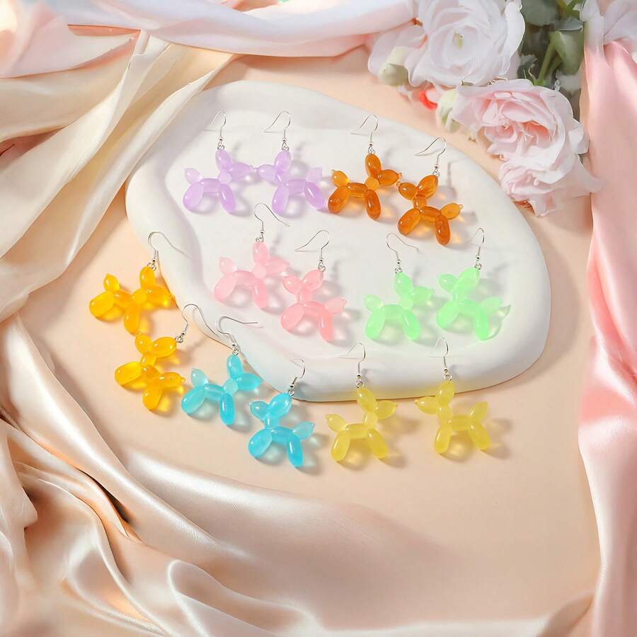 6 Pairs/Set Balloon Dog Shaped Resin Candy Color Earrings, Cute Cartoon Party Daily Birthday Circus Style Fashion Jewelry For Women, Suitable For All Seasons - 6 Pairs/set - View 1