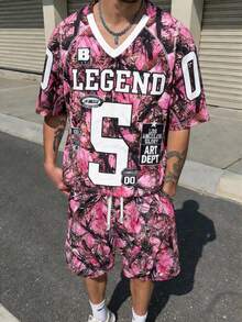 Men's Pink Branch Pattern Set, American Streetwear Numeric Print Casual 2 Pieces Outfit - Pink - View 9