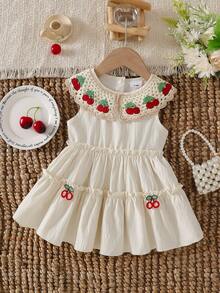 Baby Girls' Sleeveless Apricot Sweet Fashion Cute Cherry Embroidery Peter Pan Collar Princess Dress, Summer - Apricot - View 2