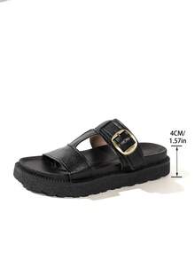 Nuevas sandalias de cuña con hebilla metálica decorativa, cómodas y antideslizantes, versátiles y fáciles de limpiar, adecuadas para la playa y el uso diario - Negro - Ver 8