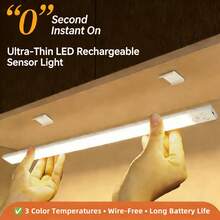 1 pieza Luz LED de 3 colores ultradelgada y regulable con sensor de movimiento, con ajuste de brillo, luz de gabinete recargable por USB, tira de luz inalámbrica para gabinete, cocina, pasillo, escaleras, armario, iluminación de mesita de noche - Regalo de Navidad, Halloween, Acción de Gracias