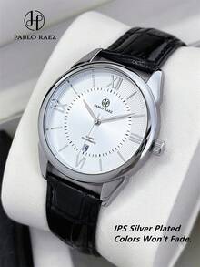 Đồng hồ Pablo Raez 1 chiếc, kiểu dáng đơn giản, đồng hồ đeo tay doanh nhân chính hãng dành cho quý ông, thép không gỉ, màu bạc sang trọng không gỉ, dây da microfiber đen mềm mại và thoải mái, thiết kế vạch chỉ giờ La Mã thời trang, hiển thị ngày, chống nước 50M, thương hiệu nổi tiếng. - Bạc - Xem 7