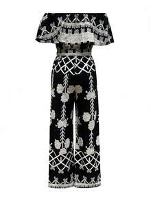 Bộ jumpsuit nữ dáng rộng, in họa tiết, bèo nhún, trễ vai, có thắt lưng, ống rộng, thích hợp cho kỳ nghỉ hè, phong cách boho. - màu đen - Xem 2