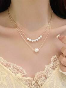 1pc Minimalist Double Layer Chain & Faux Pearl Necklace, Elegant & Fashionable Design Suitable For Women's Daily And Holiday Wear