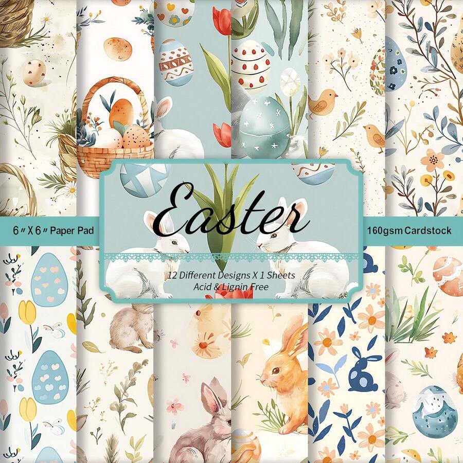 12张复古复活节兔子、彩蛋、小鸡图案剪贴簿纸，装饰工艺纸，适用于日记、折纸、卡片制作、子弹笔记和DIY手工。 - 彩色 - 查看 1