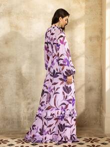 Faeriesty Women's Elegant Chiffon Floral Long Bishop Sleeve Maxi Dress With Stand Collar And Belted Flared Hem, Romantic Glamorous Gown - Baby Pink - View 3