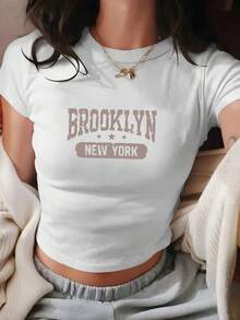 Summer Women's Cartoon Anime Letter Fashion Print Crop T-Shirt Short Sleeve Top, Comfortable Breathable Fabric, Casual Y Style, Suitable For Spring Summer, Women's Crop Top Tee - Daily Casual Must-Have - White - View 1