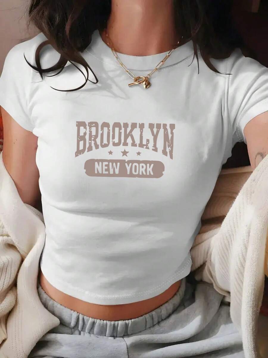 Summer Women's Cartoon Anime Letter Fashion Print Crop T-Shirt Short Sleeve Top, Comfortable Breathable Fabric, Casual Y Style, Suitable For Spring Summer, Women's Crop Top Tee - Daily Casual Must-Have - White - View 1