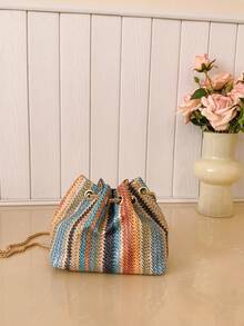 迷你纯色水钻时尚晚宴包，闪亮亮片抽绳水桶包，配金属链条肩带，适合派对和户外活动。 - 藍色 - 查看 3