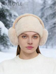 1顶米色针织帽 + 1副可折叠毛绒耳罩，女士可爱保暖耳罩，可调节头带，抓绒内衬，男女通用冬季保暖耳罩