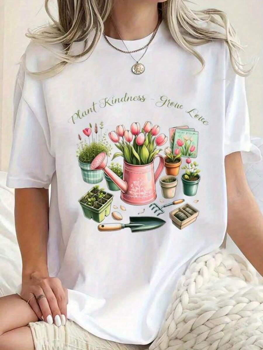 Women Unisex Soft Breathable T-Shirt Spring Gardening Theme With Plant Kindness Grow Love Slogan Botanical Print Casual Short Sleeve Crew Neck Top For Spring Summer Outdoor Comfortable Casual Wear - White - View 1