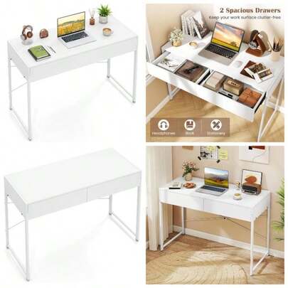 Computer Desk With 2 Drawers, Compact Wooden PC Laptop Table Writing Workstation, Simple Home Office Working Gaming Study Desk 111x 48x 76cm, White