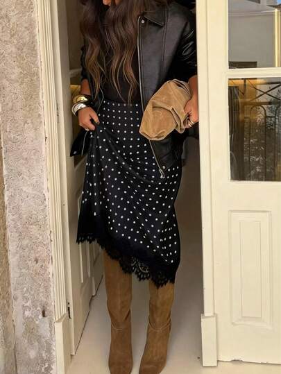 Women's Polka Dot Patchwork Contrast Color Elegant Party Woven Fabric Hollow Lace Trim Skirt, Suitable For Resort & Beach, Autumn/Winter