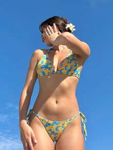 两件套女士水果印花波西米亚风比基尼套装，可爱露背系带上衣和侧系带三角泳裤，适合度假/海滩穿着 - 藍色 - 查看 5