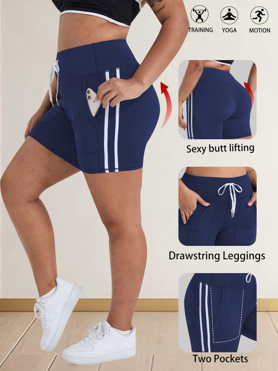 Quần short yoga/quần đạp xe cạp cao 12cm dành cho nữ cỡ lớn, có dây rút điều chỉnh, thiết kế sọc bên hông và túi, phù hợp cho mặc hàng ngày, làm quần legging, chạy bộ, tập thể dục, mùa xuân/hè.