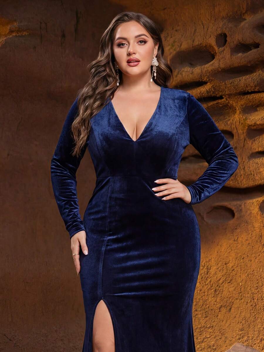 Faeriesty Vestido de noche elegante de mujer con cuello en V profundo, manga larga y espalda descubierta - Diseño de abertura alta cautivadora, corte entallado, tela de terciopelo, diseño de vestido maxi elegante, adecuado para asistir a cenas formales, celebraciones de Año Nuevo, bodas, vacaciones y eventos de gala - Azul - Ver 1