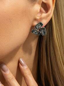 2pcs/Set Bohemian Geometric Asymmetrical Square Crystal Inlaid Fashion Earrings, Elegant Luxurious For Daily Casual, Party, Couple Date, Vacation, Women's Holiday Versatile Jewelry Gift - Earring - View 3