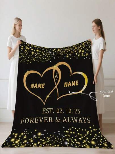 1pc Black & Gold Starry Double Heart Customized Luxury Blanket, Couple Anniversary Commemorative Throw Blanket, Customizable Name/Text, Soft & Skin-Friendly, Washable, Cute Customized, Unique, Personalized, Ideal Gift For Family, Partner, Suitable For Sofa, Bed, Tea Room, Bedroom, Living Room, Dining Room