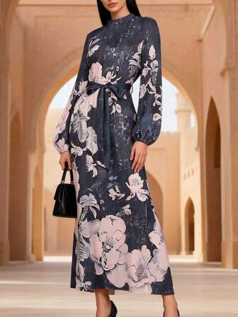 Vestido largo con estampado de moda para mujeres musulmanas con cinturón, cuello redondo, vestido de estilo de Oriente Medio