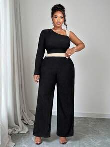黑色大号单肩长袖针织上衣+阔腿裤两件套，适合女士春秋季气质穿搭，显瘦显瘦，撞色腰带设计，时尚百搭。 - 黑色 - 查看 5