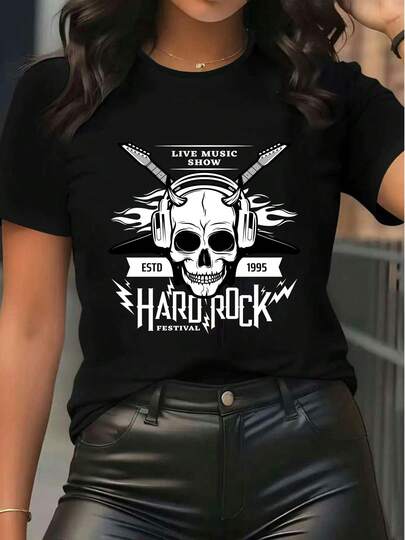 Women's Short Sleeve Crew Neck Graphic T-Shirt - Skull With Headphones & Crossed Guitars Print, Hard Rock Festival ESTD 1995 Music Theme Casual Streetwear Summer Top