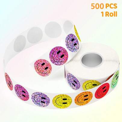Holographic Star & Smiling Face Stickers, Round Stickers, Holographic Stickers Suitable For Teachers, Parents, Schools, Learning, Training, Stickers, Labels, Kids, Parties, Birthdays, Motivational, Decorative, Stationery